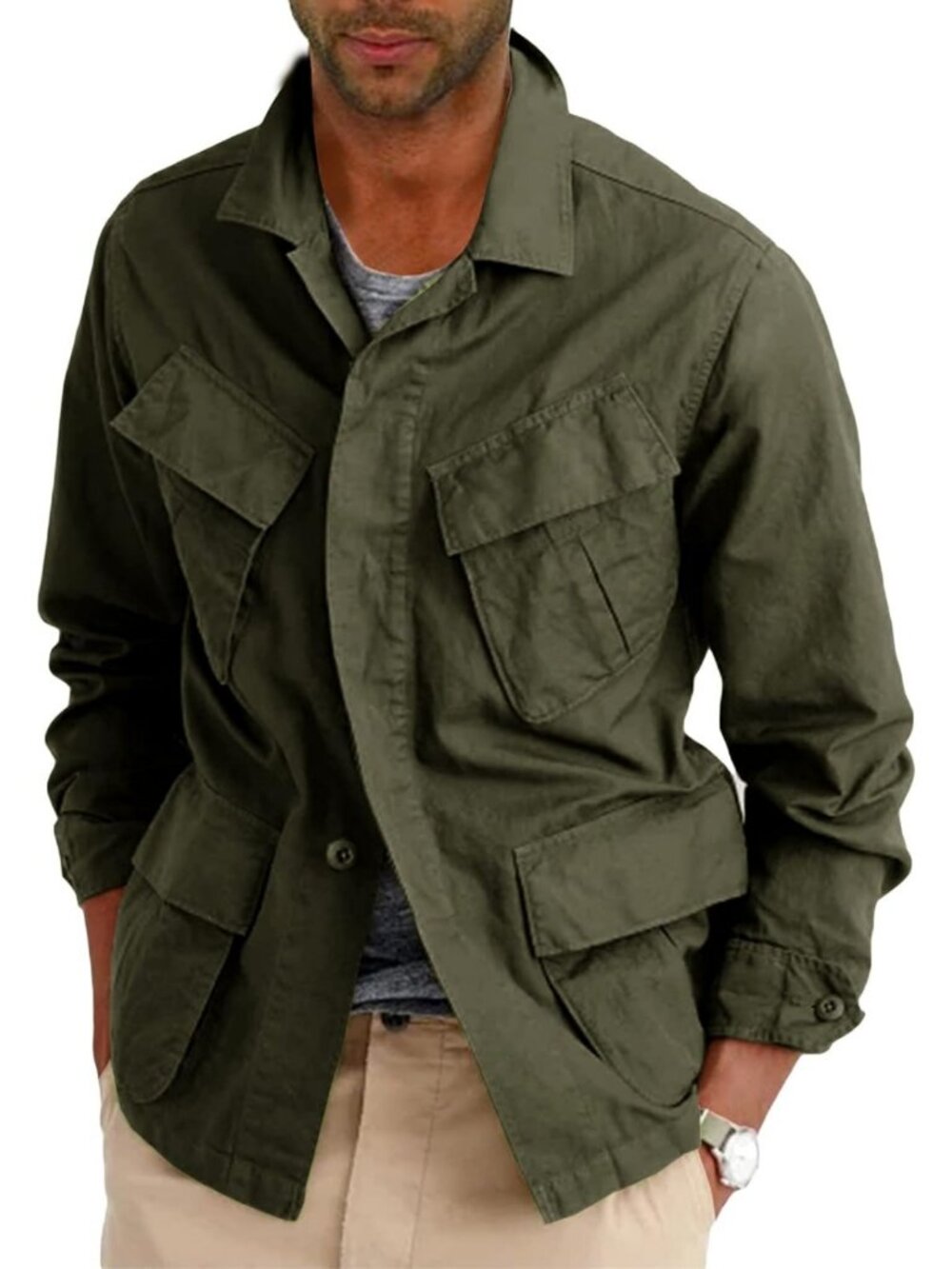 Lightweight Men's Safari Jacket - Cotton Military Cargo Outdoor Coat